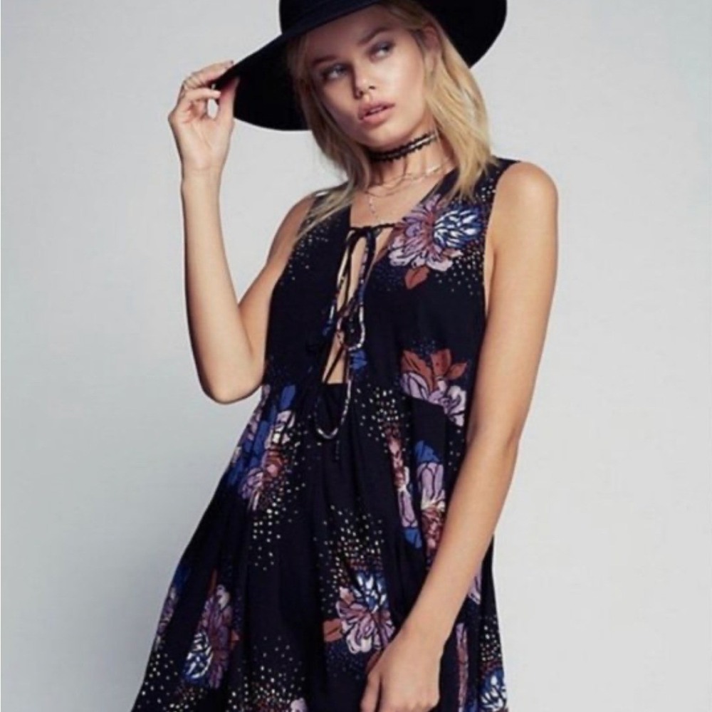 Free People Lovely Day Floral Tunic Dress S Black Whimsigoth Boho Fairycore